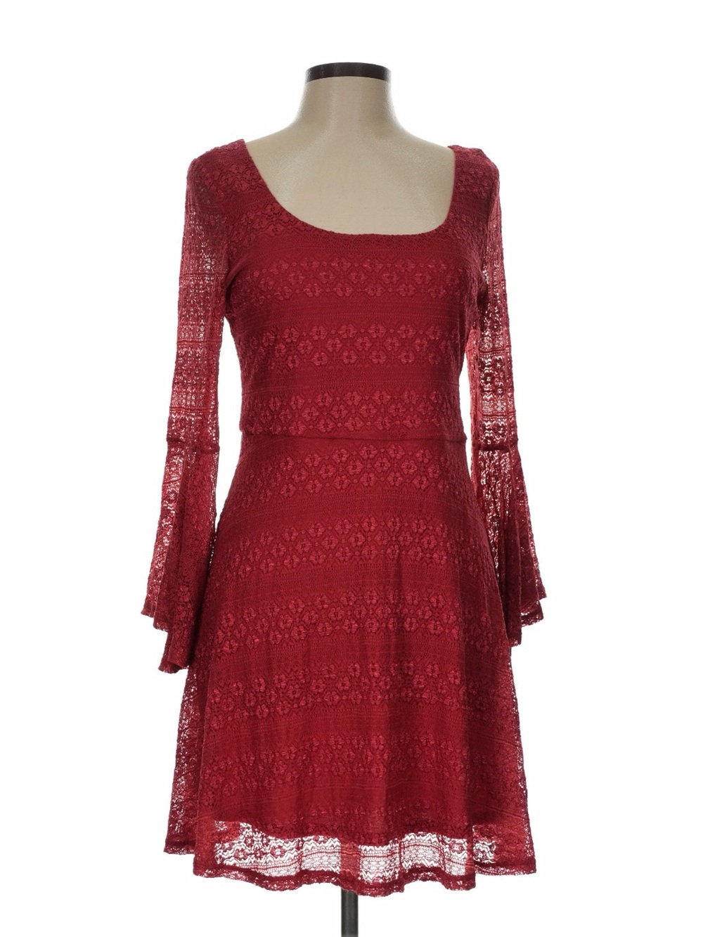 Rust Lace Fit-and-Flare Dress with Flared Sleeves